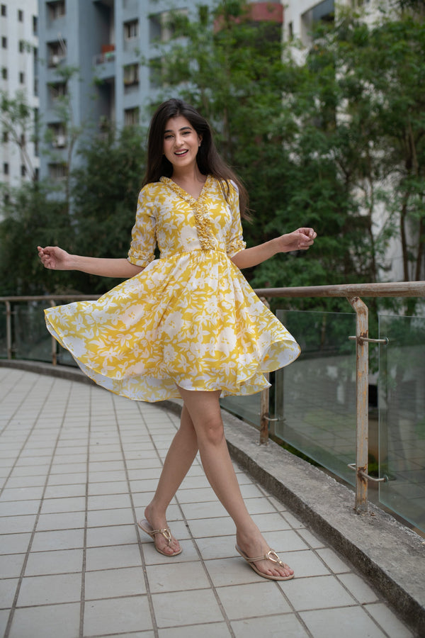 Women's Yellow White Floral Short Dress (1pc) - Label Shaurya Sanadhya