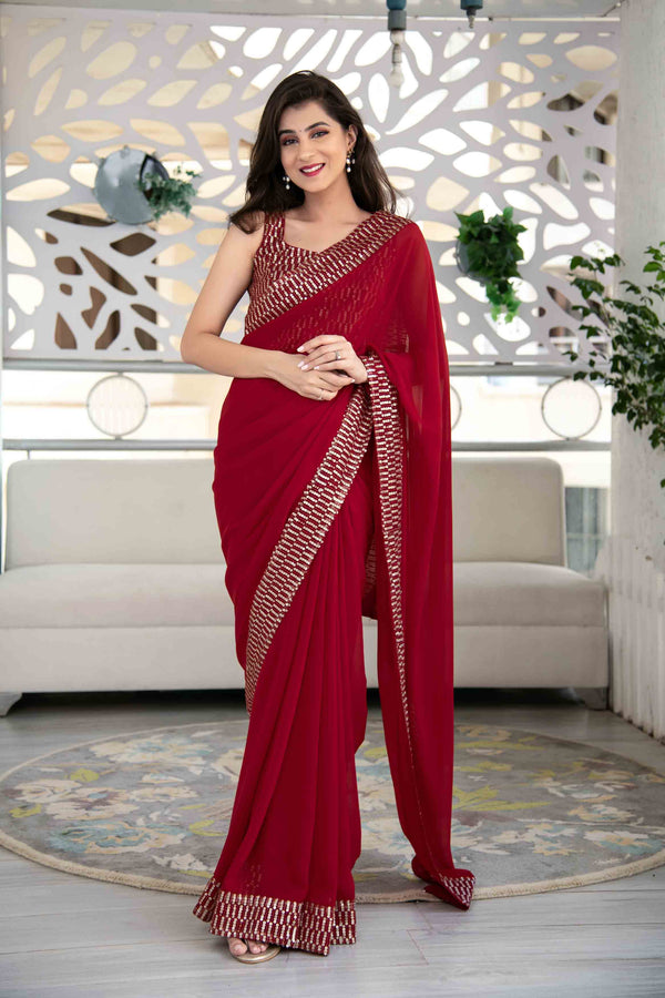 Women's Red Sequin Saree - Label Shaurya Sanadhya