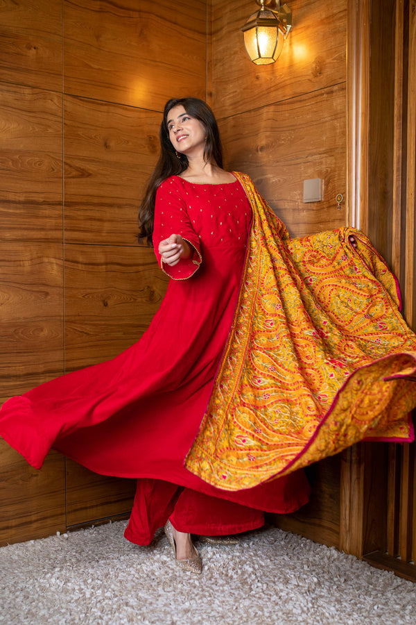 Women's Red Velvet Anarkali Set - Label Shaurya Sanadhya