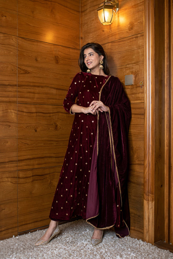 Women's Maroon Velevet A Line Kurta Set - Label Shaurya Sanadhya