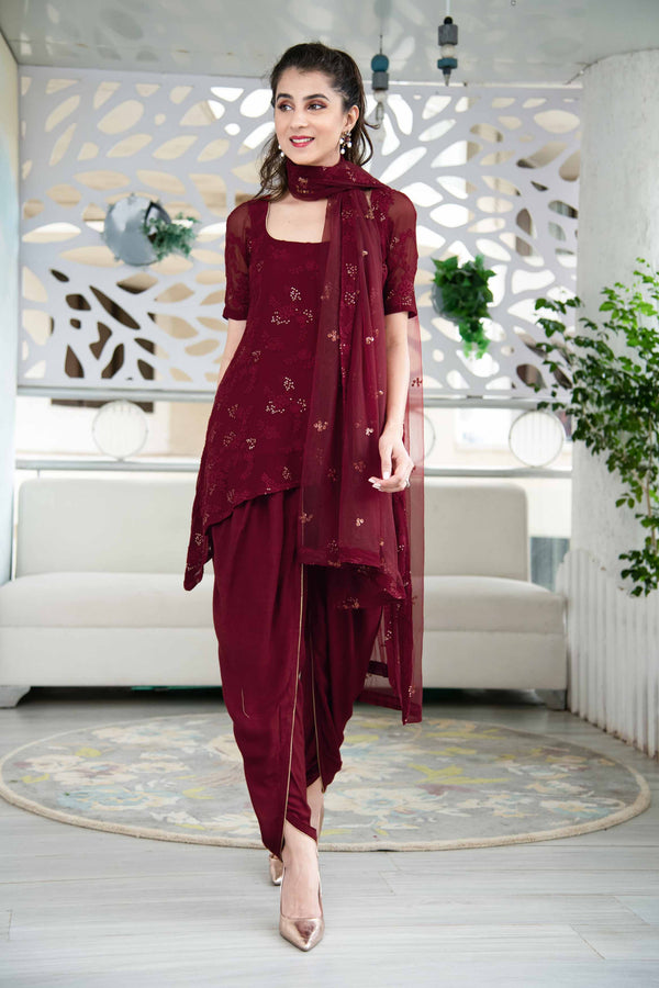 Women's Maroon Thread Work Kurta Dhoti Set - Label Shaurya Sanadhya