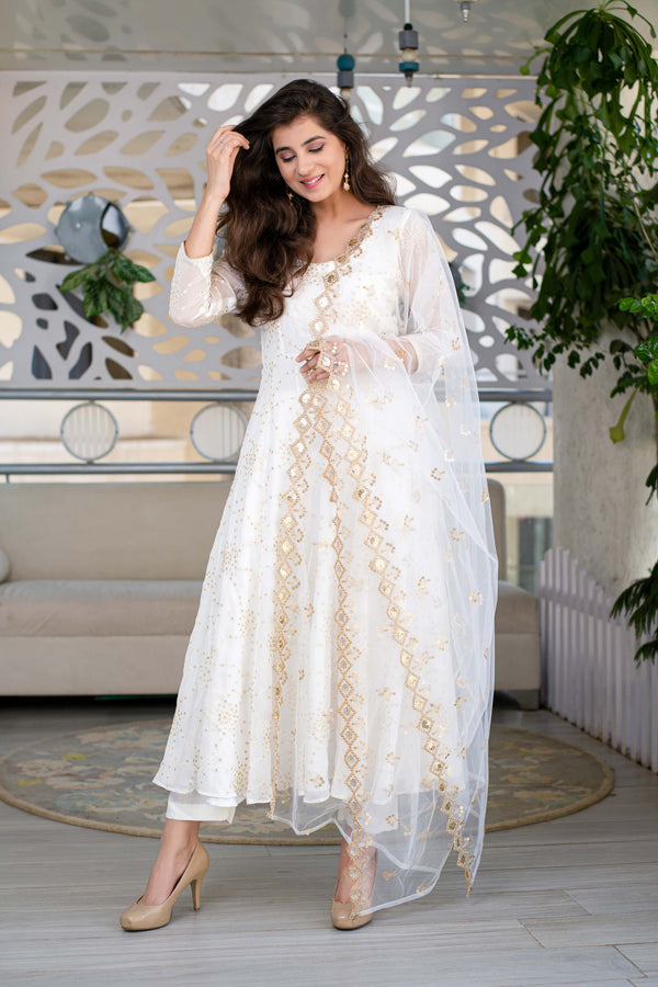 Women's White And Gold Anarkali (3 Pc Set) - Label Shaurya Sanadhya