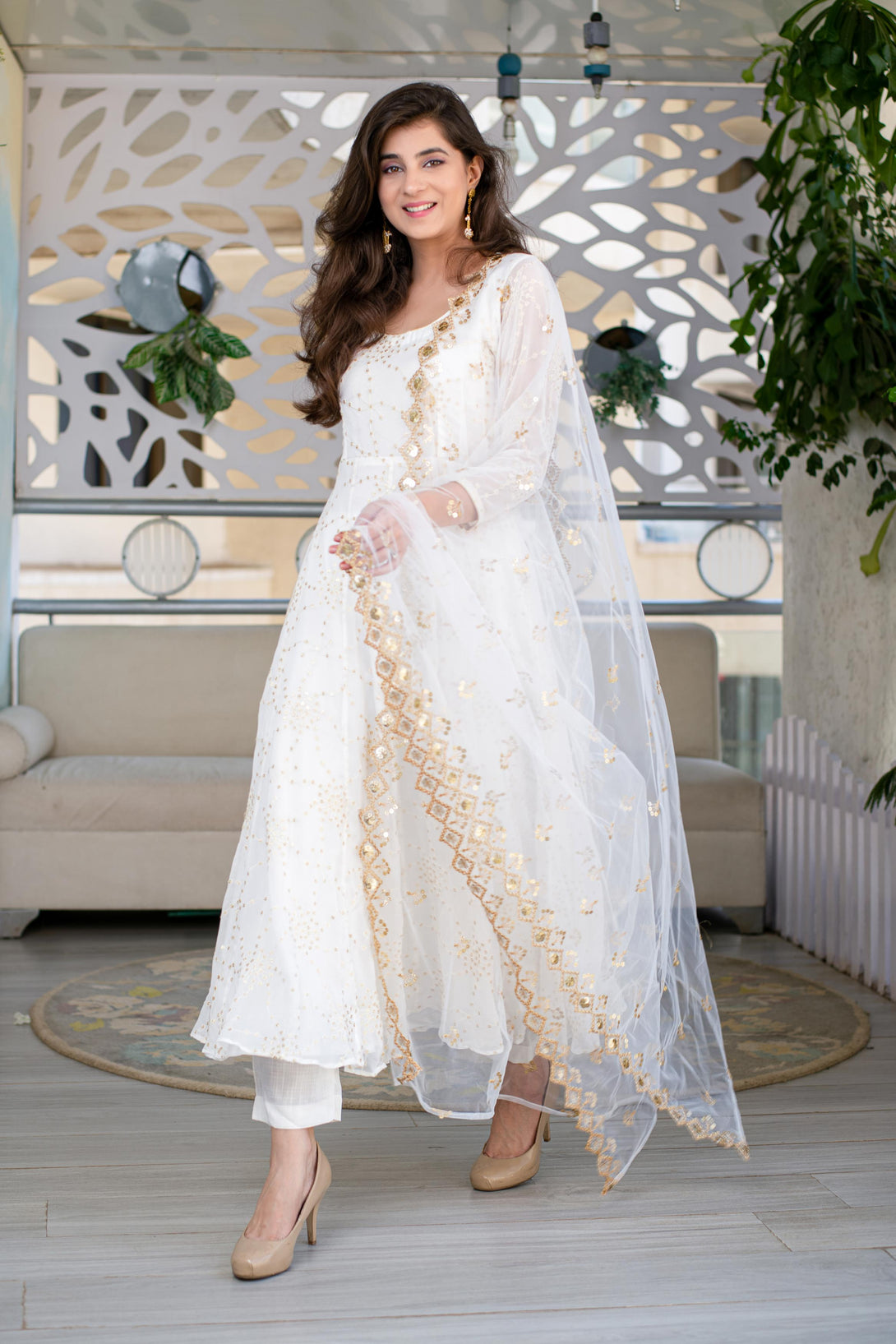 Women's White And Gold Anarkali (3 Pc Set) - Label Shaurya Sanadhya