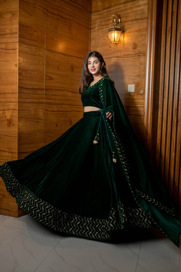 Women's Bottle Green Sequin And Zari Work Velvet Lehenga - Label Shaurya Sanadhya