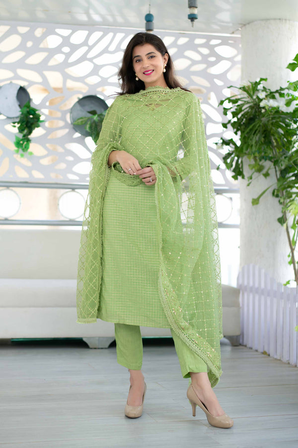 Women's Light Green Chanderi Suit Set With Heavy Net Dupatta (3pcs set) - Label Shaurya Sanadhya USA