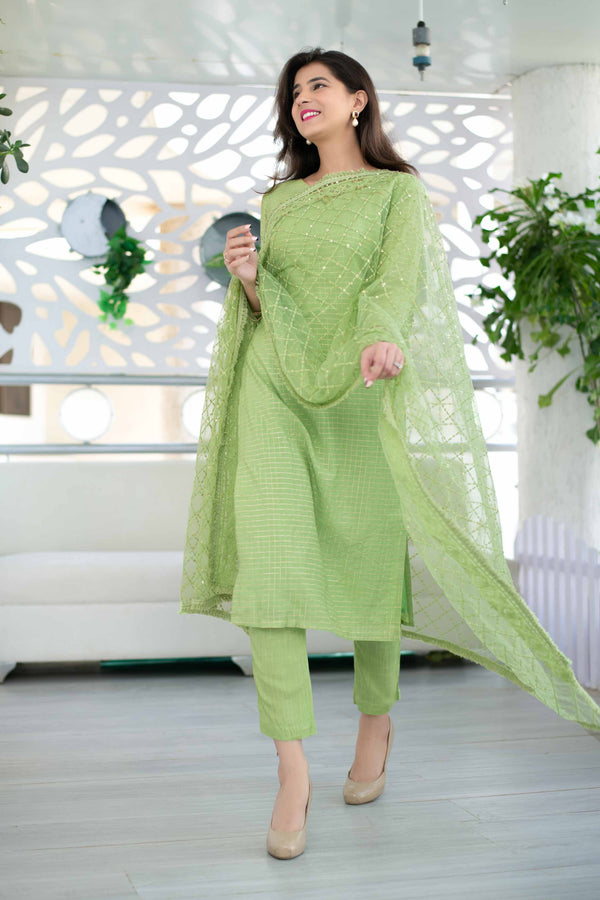 Women's Light Green Chanderi Suit Set With Heavy Net Dupatta (3pcs set) - Label Shaurya Sanadhya