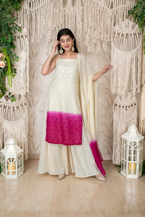 Women's Cream And Pink Kali Pallazo (3pcs Set) - Label Shaurya Sanadhya