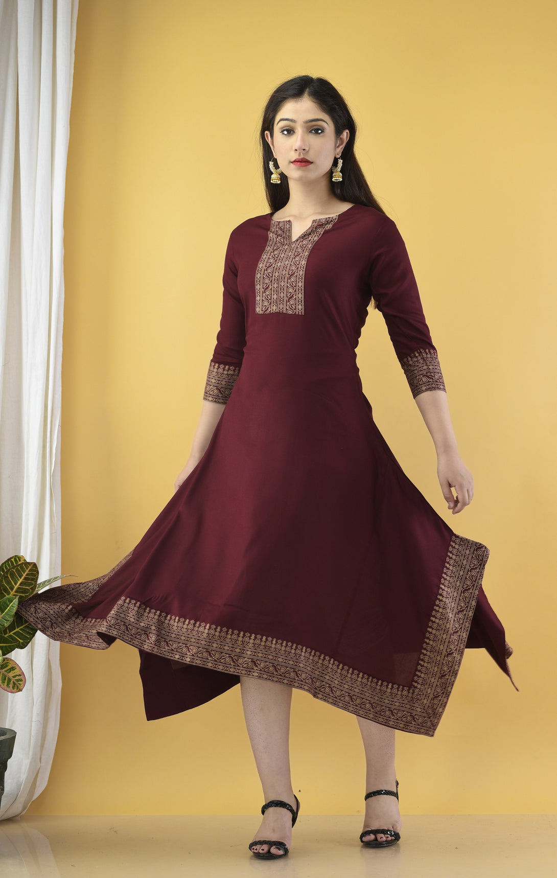 Women's Maroon A-Line Kurta - Yufta