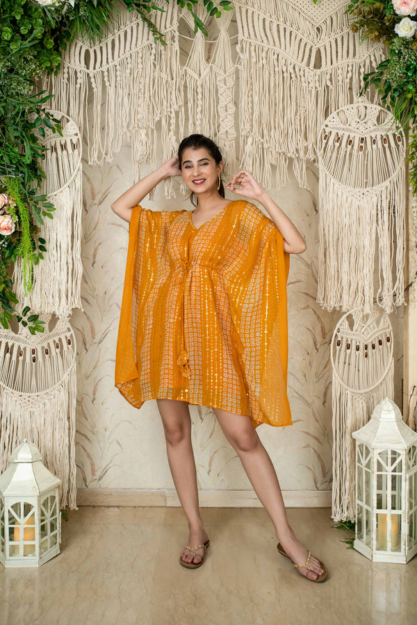 Women's Mustard Thread Work And Sequin Kaftan (1pc) - Label Shaurya Sanadhya