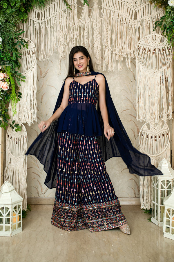 Women's Blue Paplum Thread Work Pallazo - Label Shaurya Sanadhya