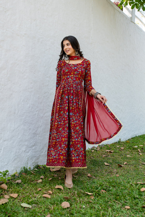 Red Floral Cotton Kurta Set