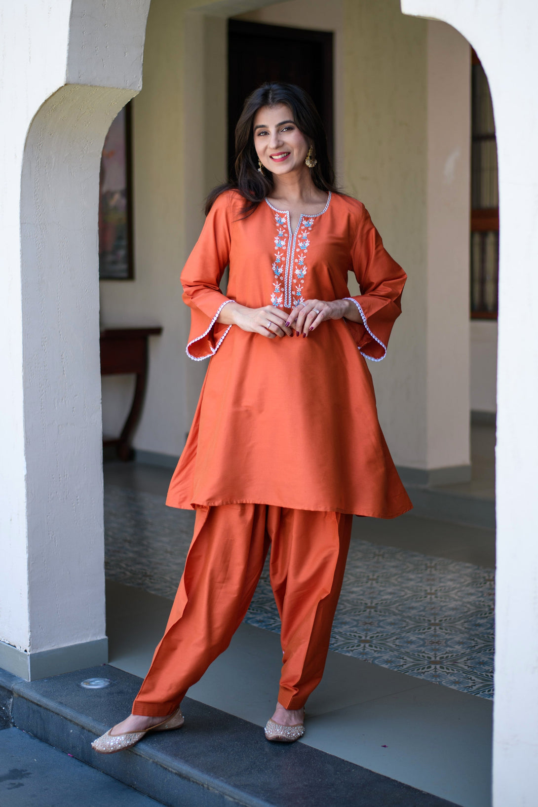 Women's Orange Short Kurta Embroidery Co-Ord Set - Label Shaurya Sanadhya