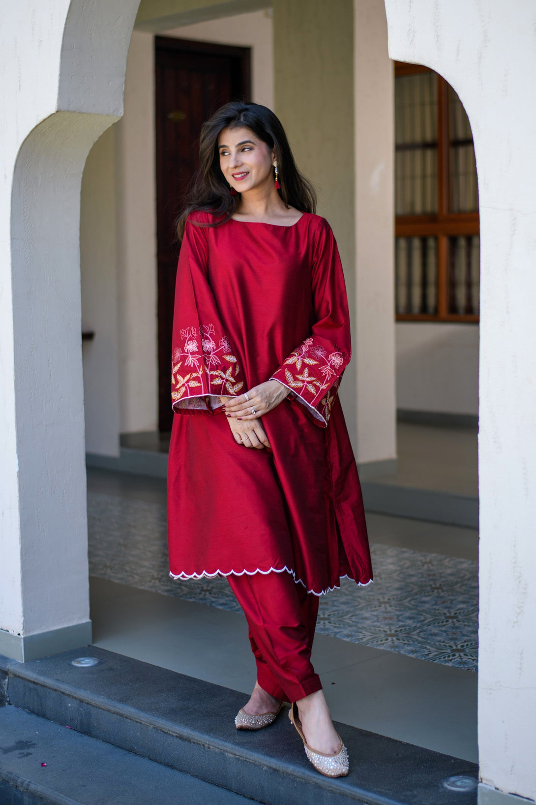 Women's Red Bell Sleeves Embroidered Co-Ord Set - Label Shaurya Sanadhya