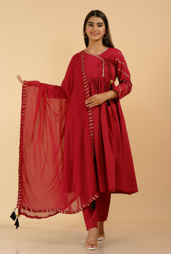 Women's Maroon Kurta With Pant & Dupatta (Set Of 3) - Manohara