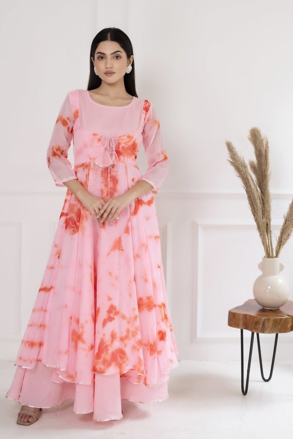 Women's Shibori Peach Dyed Gown By Saras The Label (1 Pc Set)