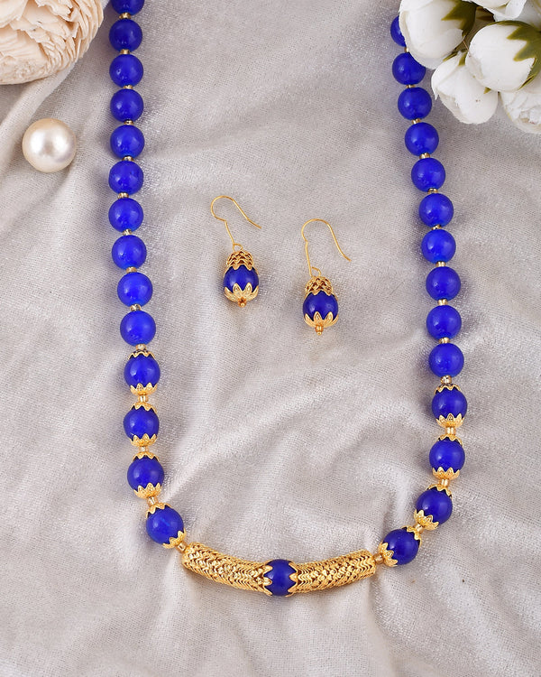 Women's Shine Round Beads Ethnic Gold Line Necklace With Earring Set | Gemstone Jewellery Set - Avisha