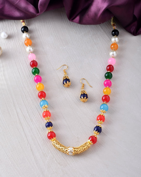 Women's Shine Round Beads Ethnic Gold Line Necklace With Earring Set | Gemstone Jewellery Set - Avisha