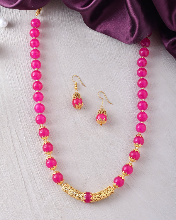 Women's Shine Round Beads Ethnic Gold Line Necklace With Earring Set | Gemstone Jewellery Set - Avisha