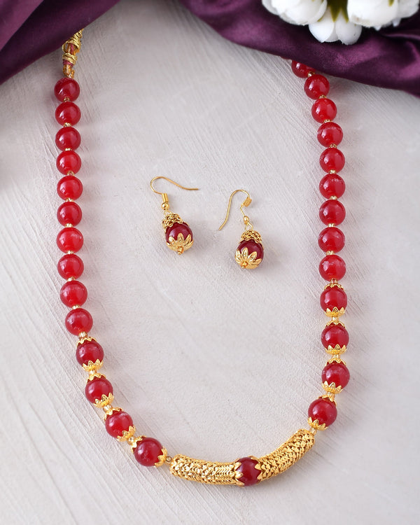 Women's Shine Round Beads Ethnic Gold Line Necklace With Earring Set | Gemstone Jewellery Set - Avisha