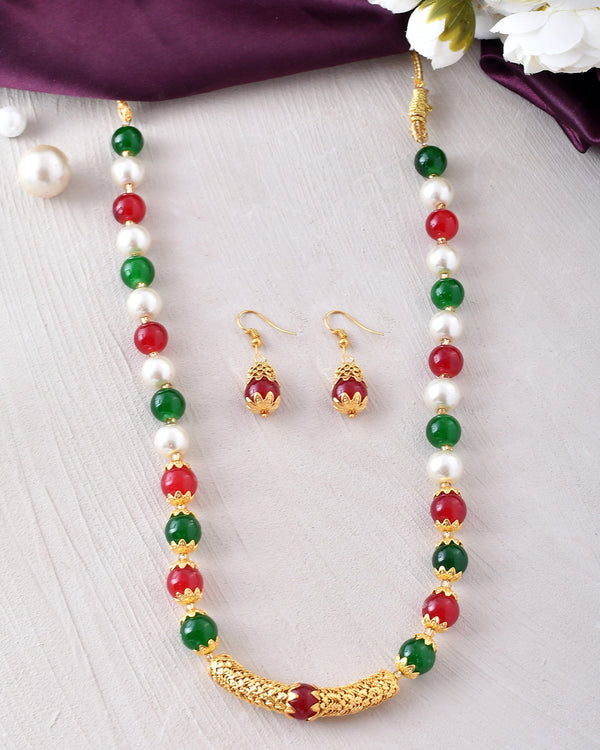 Women's Shine Round Beads Ethnic Gold Line Necklace With Earring Set | Gemstone Jewellery Set - Avisha