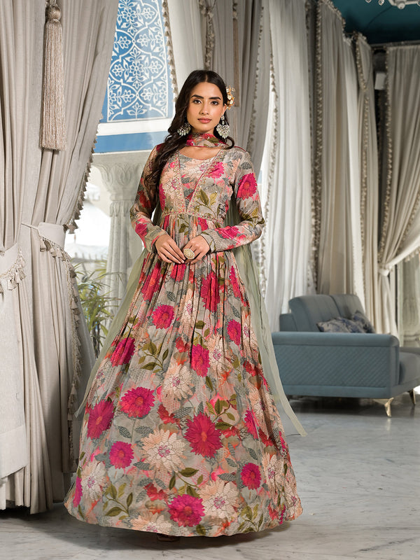 Women's Pink Multi Digital Print Pure Crepe Long Party dress with Dupatta - Taantav