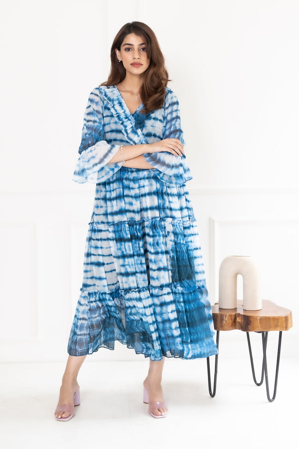 Women's Blue Shibori Chiffon Dress By Saras The Label (1 Pc Set)