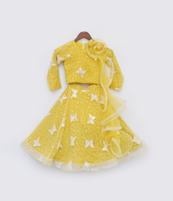 Girl's Mustard Yellow Butterfly Net Lehenga Choli  - Fayon Kids