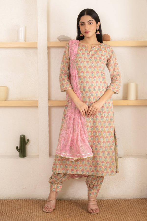 Women's Hand Printed Pink Salwar Suit By Saras The Label (3 Pc Set)