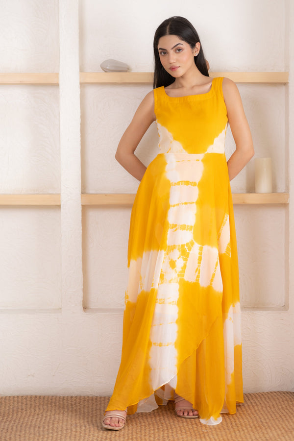 Women's Yellow Shibori Dyed Yellow Gown By Saras The Label (1 Pc Set)