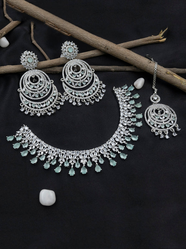 Women's Aadika Cz Bridal Necklace With Danglers And Maangtika - Stileadda