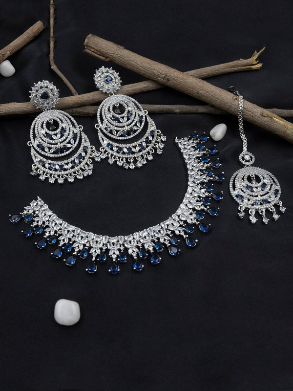 Women's Aadika Cz Bridal Necklace With Danglers And Maangtika - Stileadda