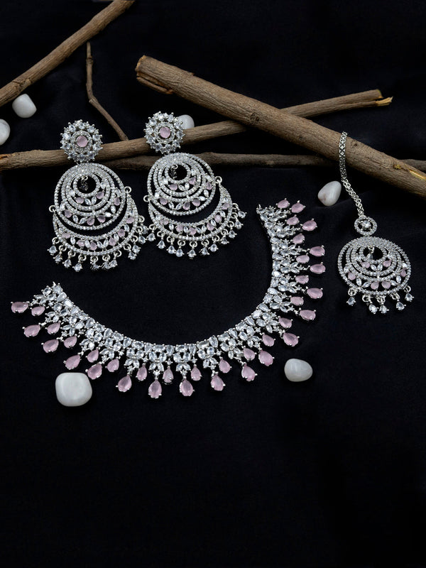 Women's Aadika Cz Bridal Necklace With Danglers And Maangtika - Stileadda