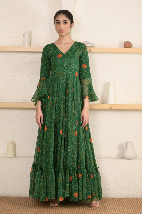 Women's Green Bandhani Print Gown By Saras The Label (1 Pc Set)