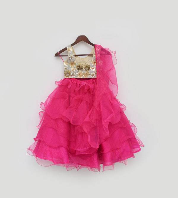 Girl's 3D Flowers Choli And Pink Organza Layers Lehenga - Fayon Kids