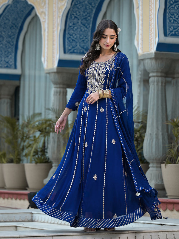 Women's Blue Gota Patti work Georgette Long Kurta with Shantoon Lining with Dupatta - Taantav