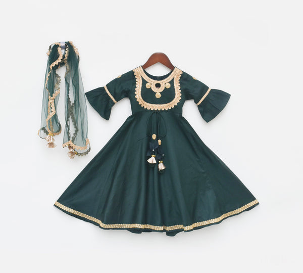 Girl's Green Silk Anarkali - Fayon Kids