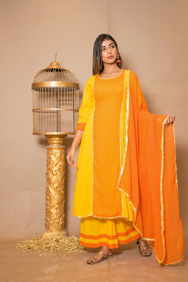 Women's Yellow  Orange And Yellow Leheriya Kurta Palazzo Suit Set - Saras The Label