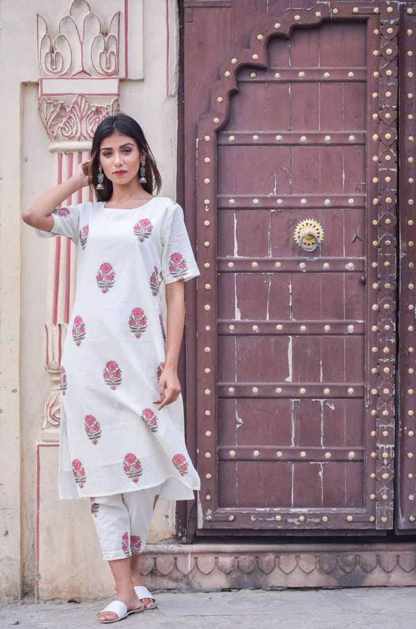 Women's White, Pink Hand Block Printed Kurta And Pant Set  - Saras The Label