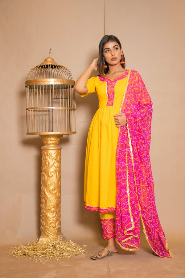 Women's Yellow And Pink Anarkali Suit Set (3Pc Set) - Saras The Label