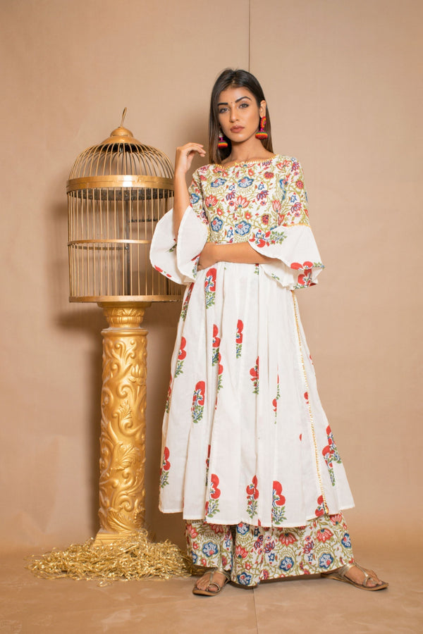 Women's White Multicolour Floral Anarkali Kurta Palazzo Set - Saras The Label