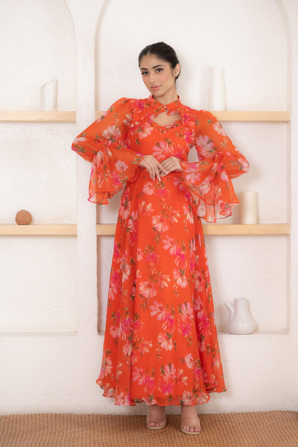 Women's Orange Flower Print Gown - Saras The Label