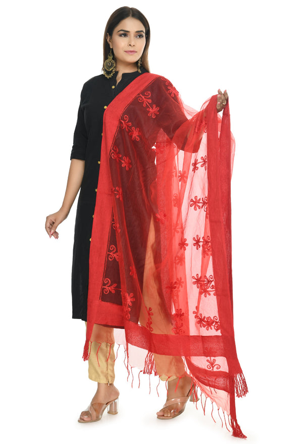 Women's Red Color Orgenza Chikan Work - Moeza