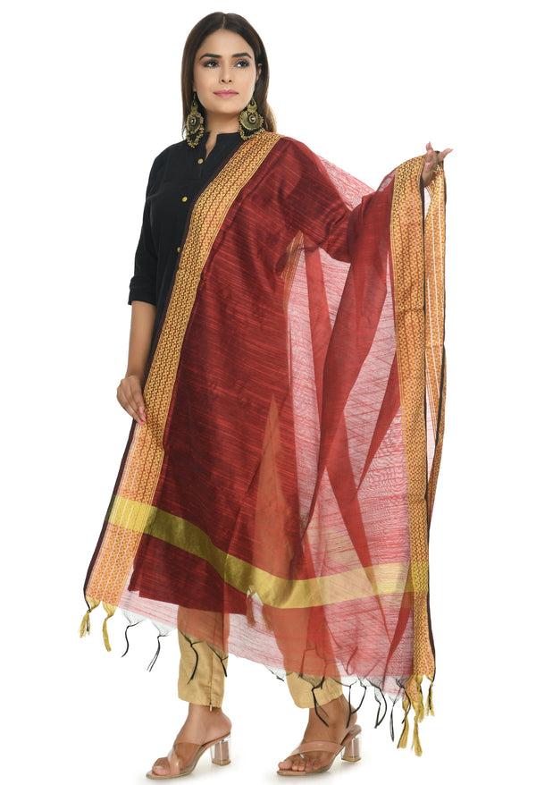 Women's Maroon Color Handloom Cotton Dupatta - Moeza