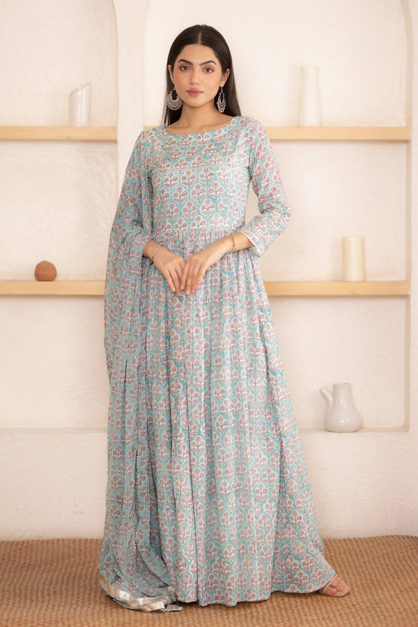 Women's Hand Block Printed Gown With Chiffon Dupatta - Saras The Label