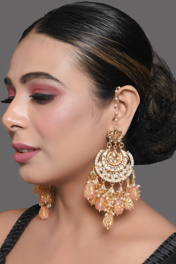 Women Peach Kundan Chandbali Earrings by Femizen (1 Pc Set)