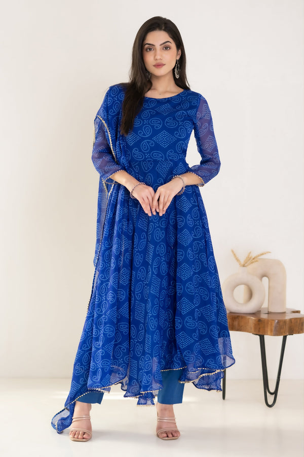 Women's Blue Bandhani Suit Set - Saras The Label