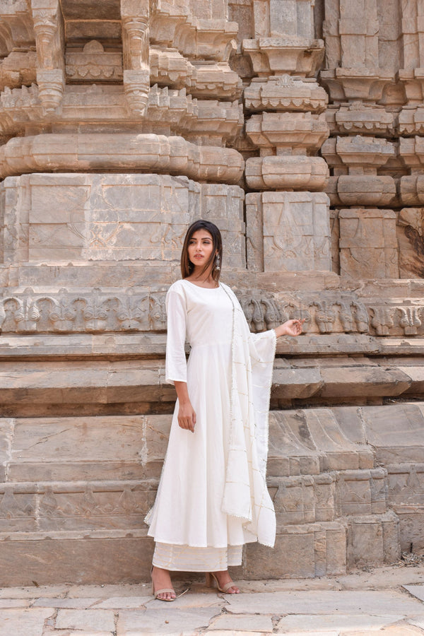 Women's White Kurta With Gota Work Palazzo And Dupatta Set (3 Pc Set) - Saras The Label