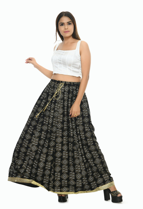 Women's Black Color Printed Lehenga (Lancha) - Moeza