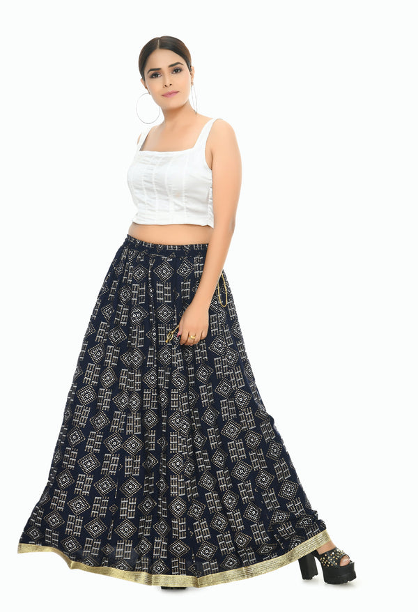 Women's Navy Blue Color Printed Lehenga (Lancha) - Moeza