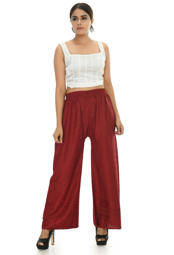 Women's Maroon Color Chikan Work Palazzo - Moeza